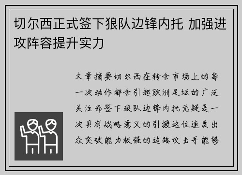 切尔西正式签下狼队边锋内托 加强进攻阵容提升实力