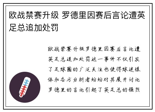 欧战禁赛升级 罗德里因赛后言论遭英足总追加处罚 欧战禁赛升级 罗德里因赛后言论遭英足总追加处罚