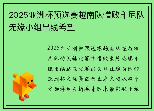 2025亚洲杯预选赛越南队惜败印尼队无缘小组出线希望